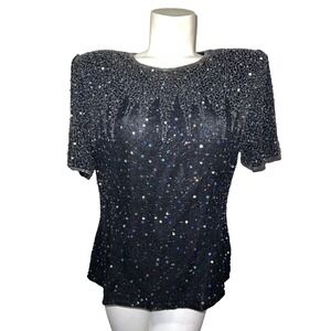 Stenay Vintage Black Beaded Sequin Evening Top Short Sleeve XL Shoulder Pads
